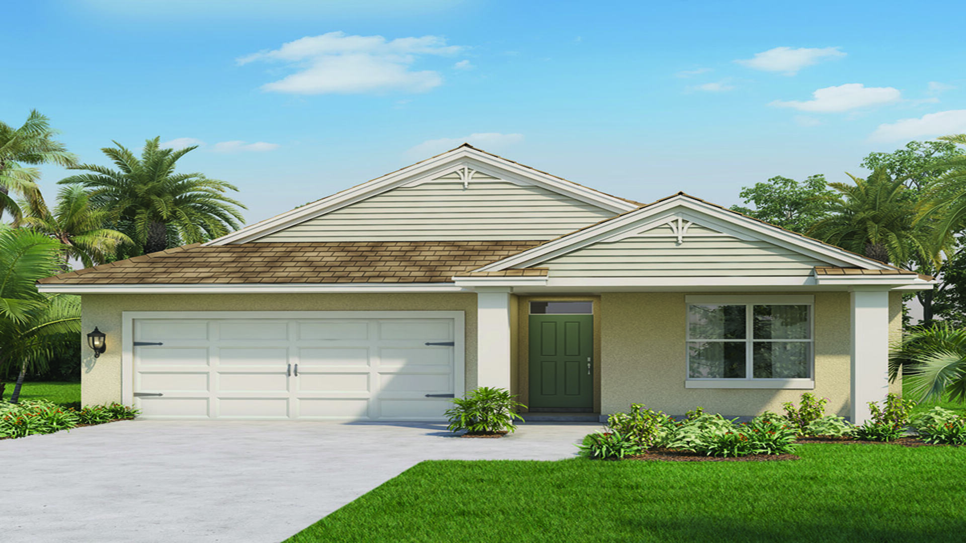 Home Rendering of Single story new home with large windows and 2 car garage.