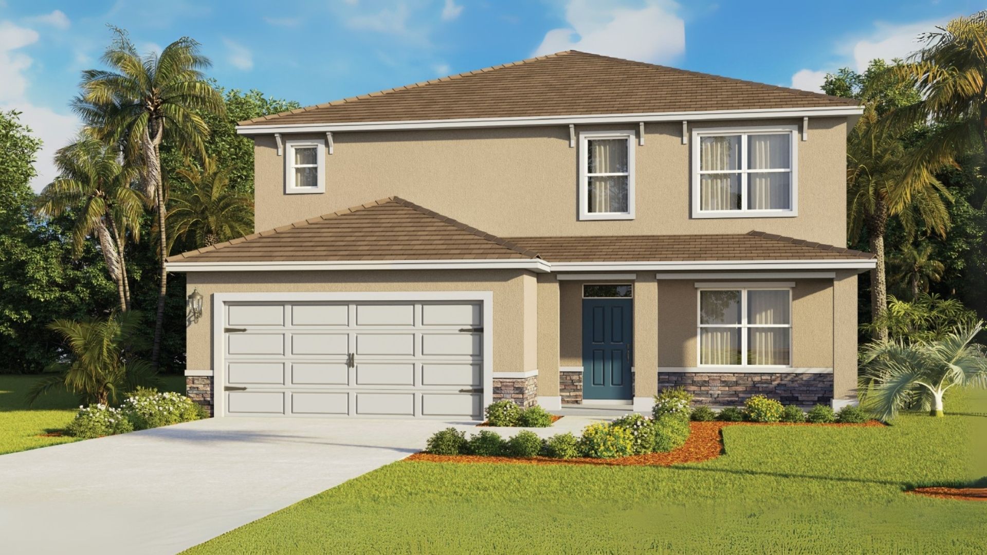 Two-story new home with driveway, large windows, and grassy front yard.