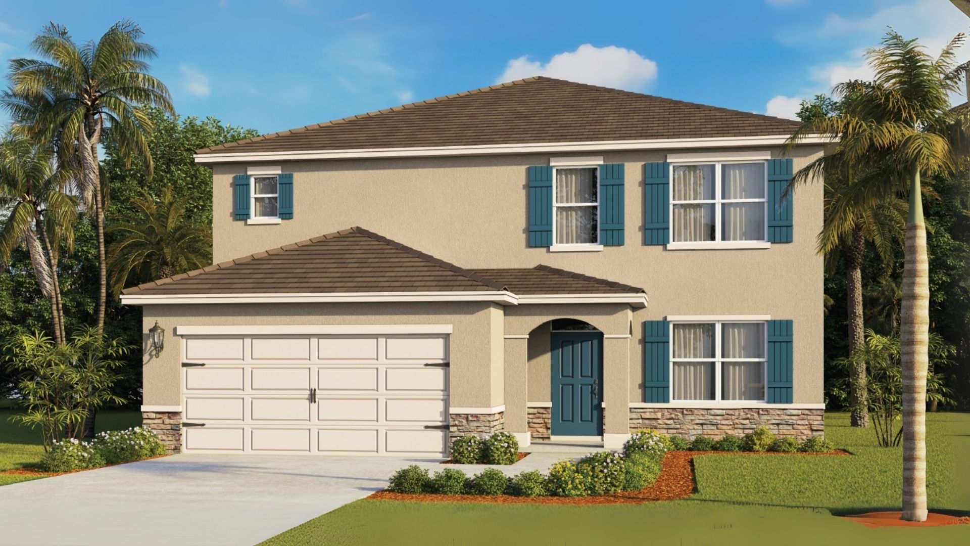 Two-story new home with driveway, large windows, and grassy front yard.