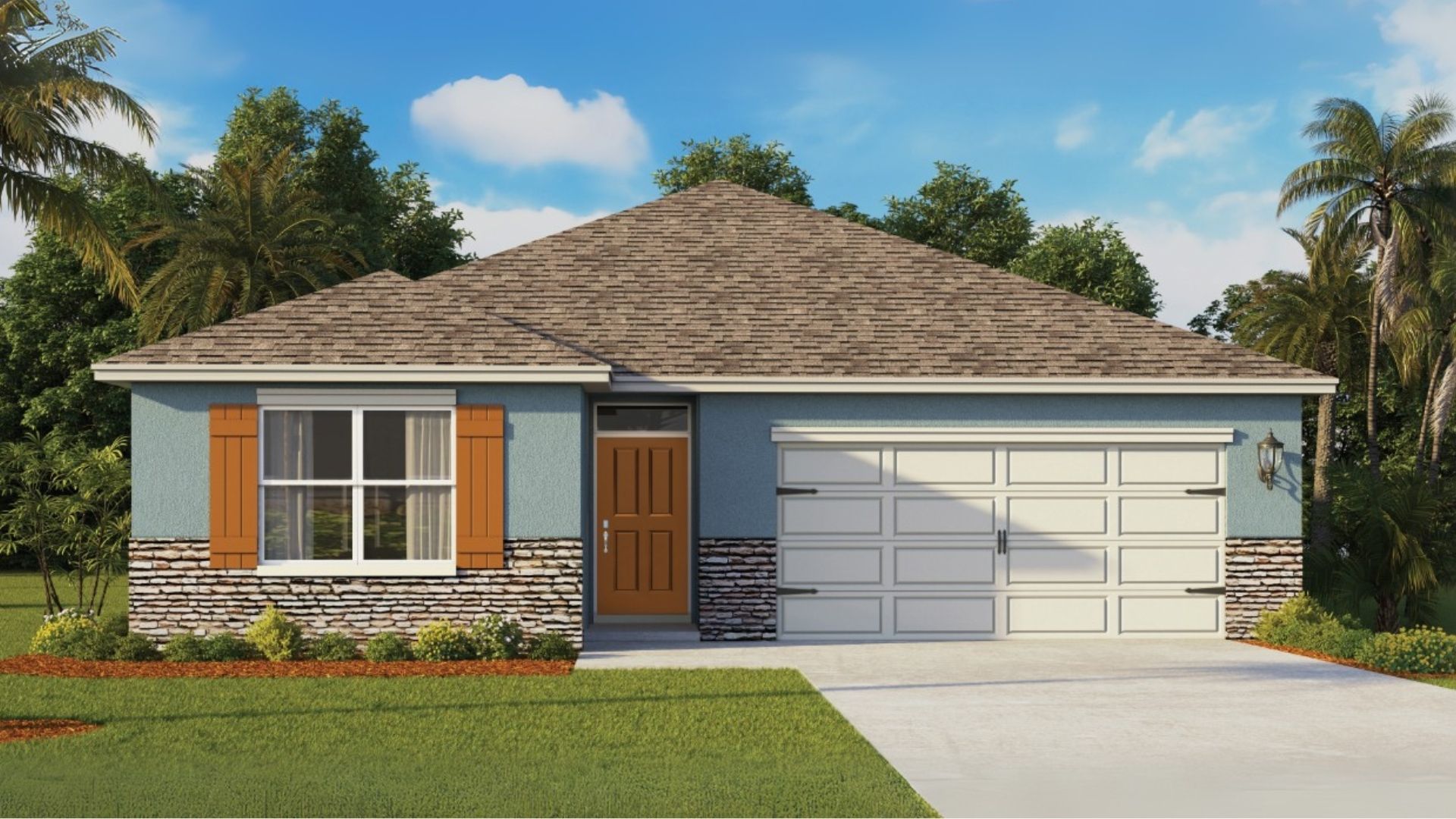 Single story new home with large windows and 2 car garage.