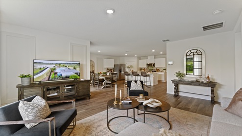Living area with luxury vinyl plank flooring, couch seating, entertainment system and natural lighting.