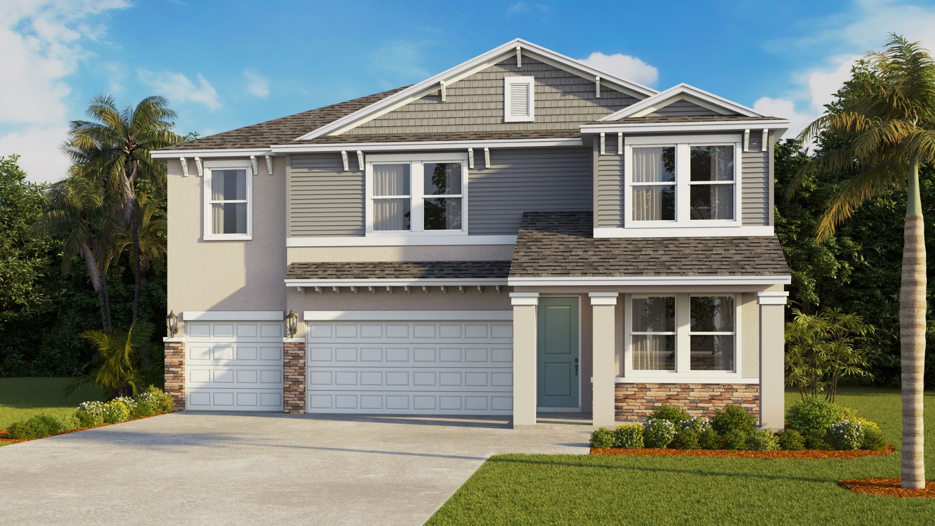 Two-story home with three car garage.