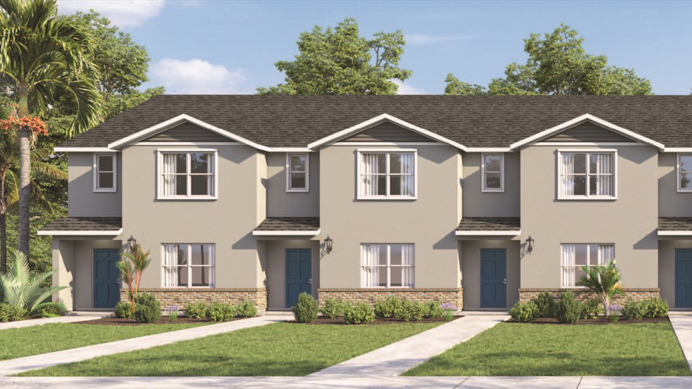 Attached townhome with concrete block and stone construction.