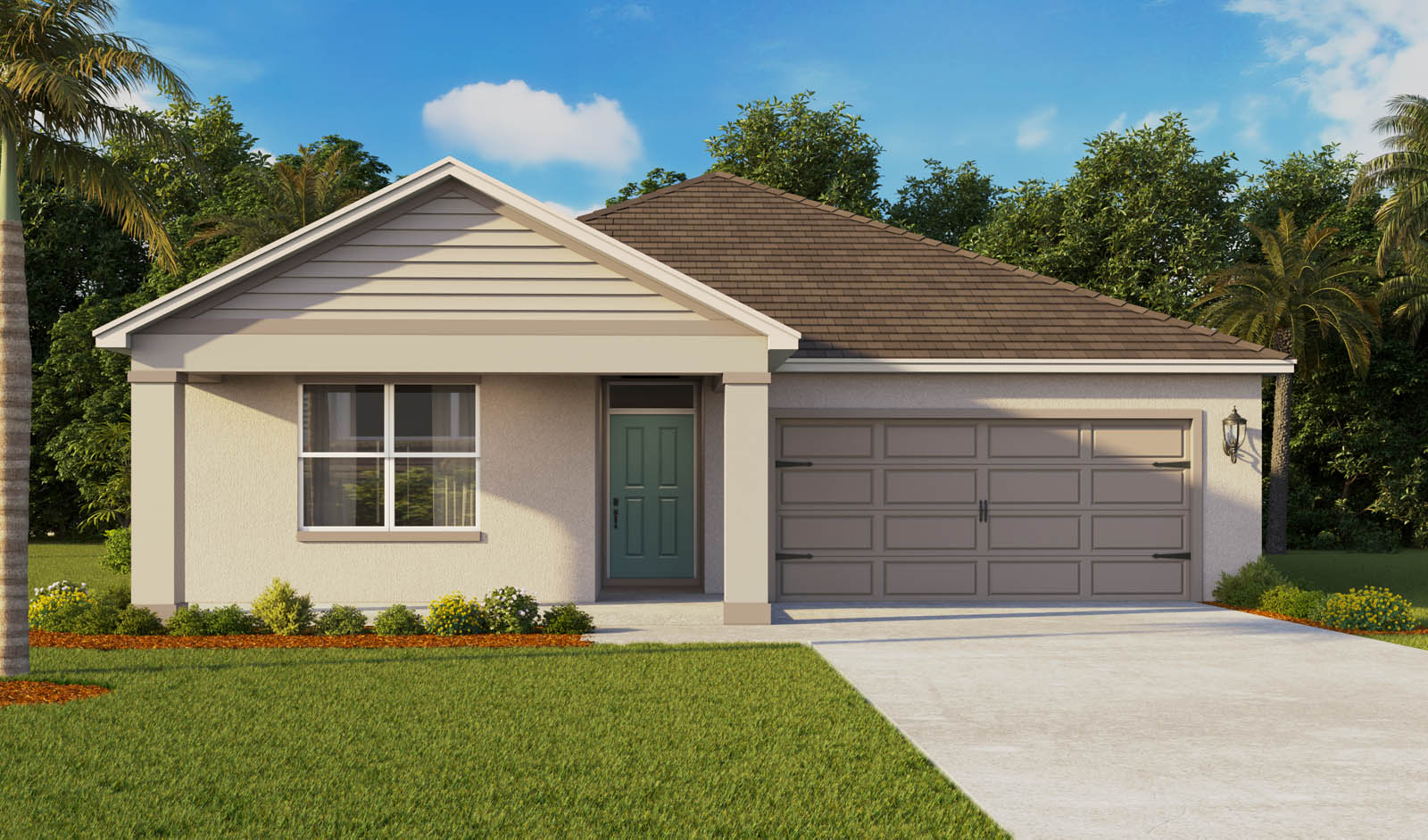 Single story new home with large windows and 2 car garage.