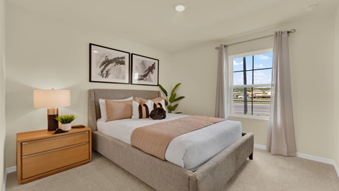 Guest bedroom with bed, nightstands and a roomy closet for storage.