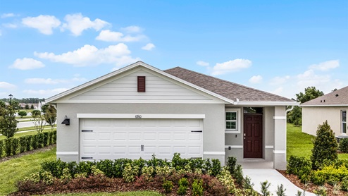 Single story new home with two car garage.