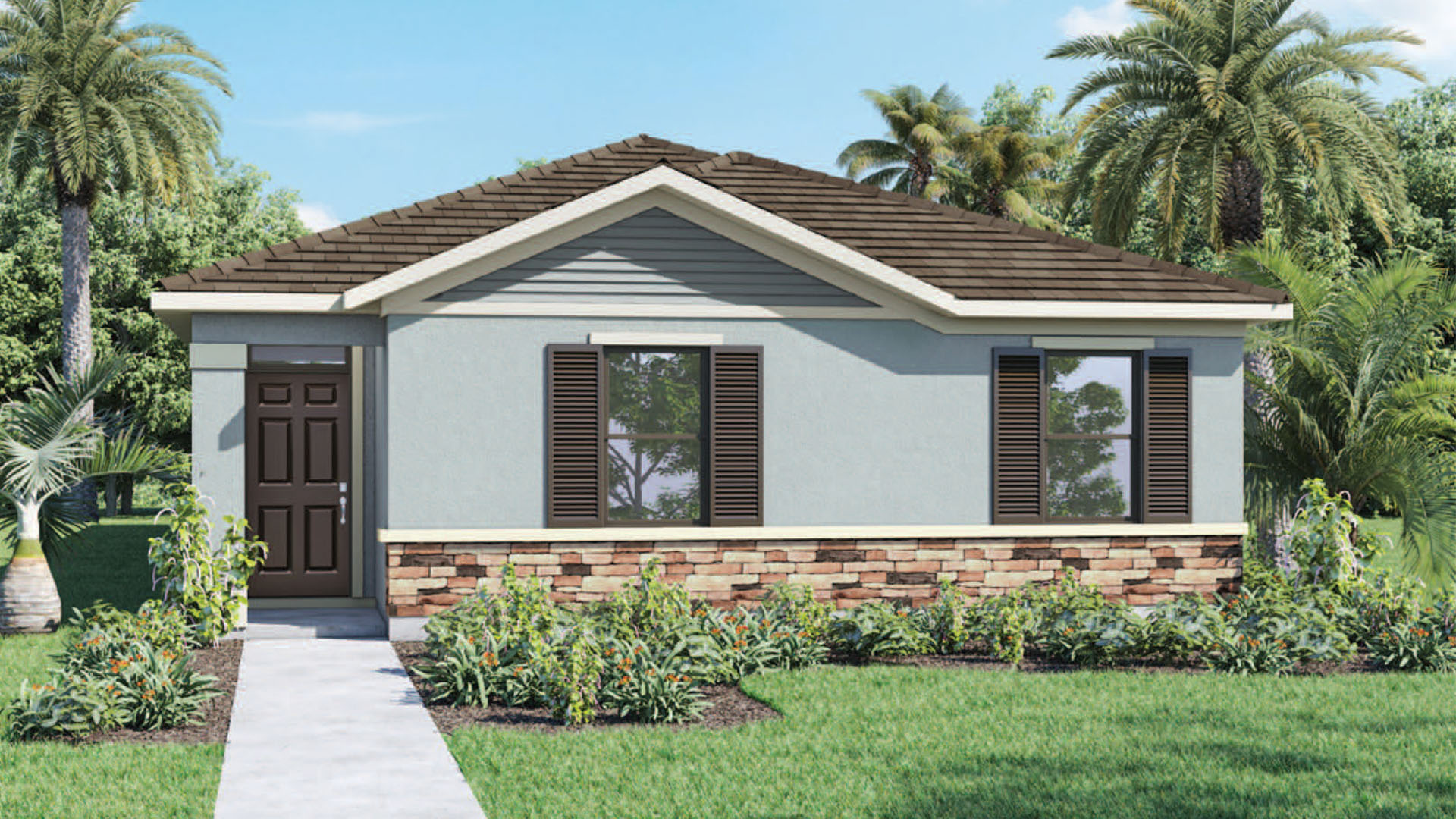 One story home with large windows and grassy front yard.