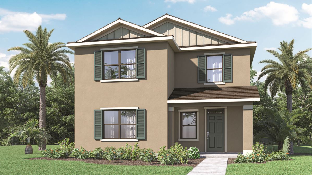 Two-story home with large windors and grassy front yard.
