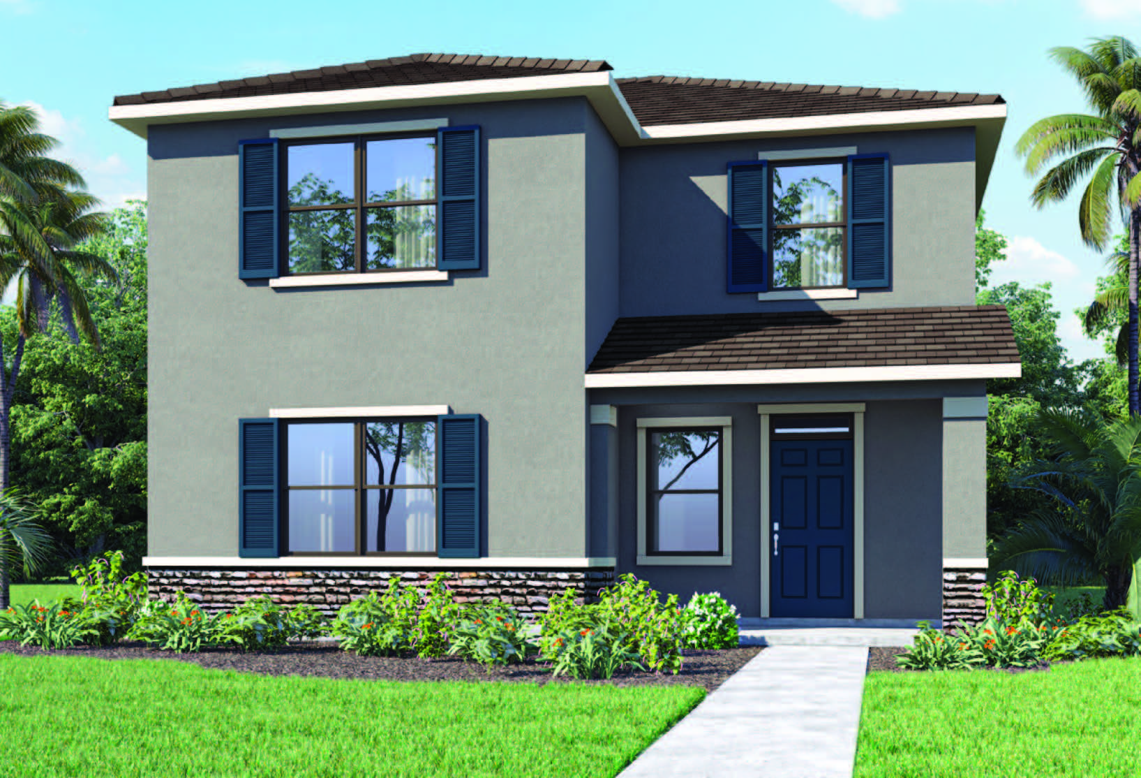 .Two-story home with large windors and grassy front yard.
