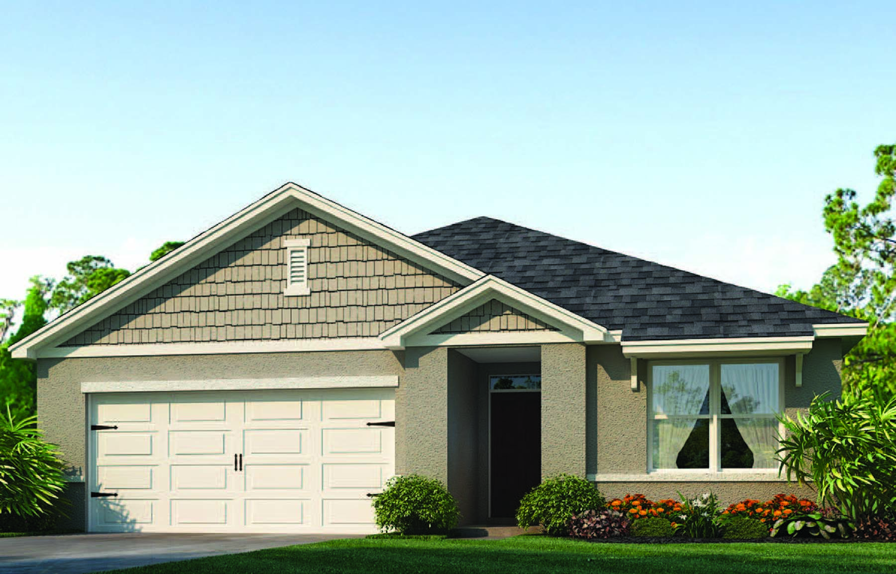 Rendering of One-story home exterior with 2 car garage