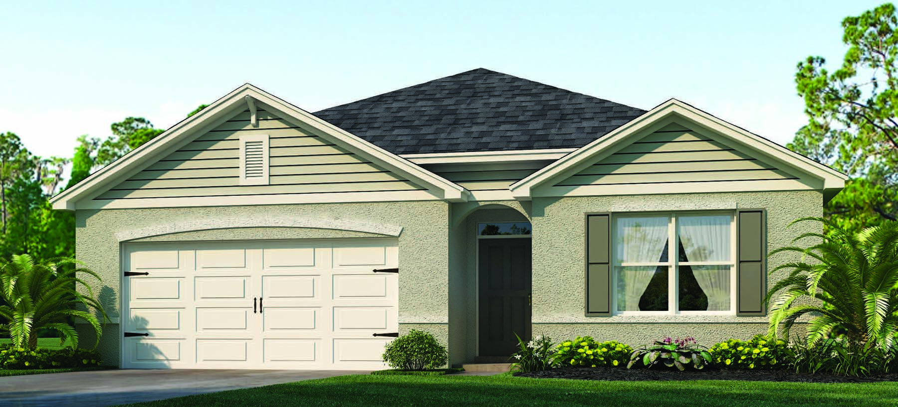 Rendering of One-story home exterior with 2 car garage and shutters