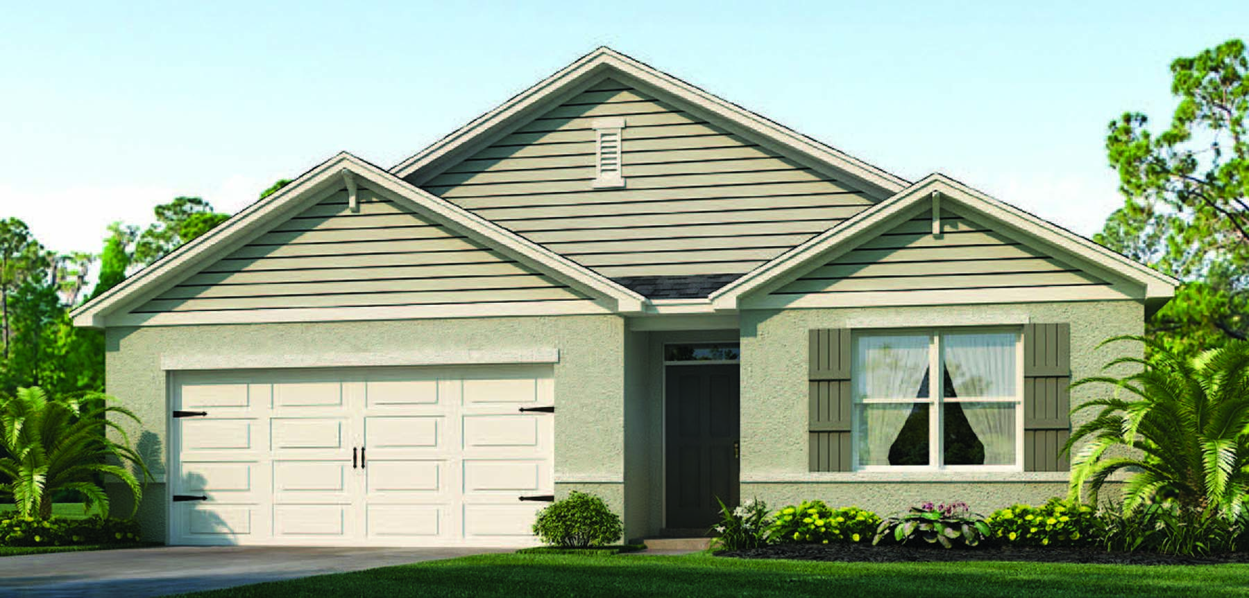 Rendering of One-story home exterior with 2 car garage and shutters