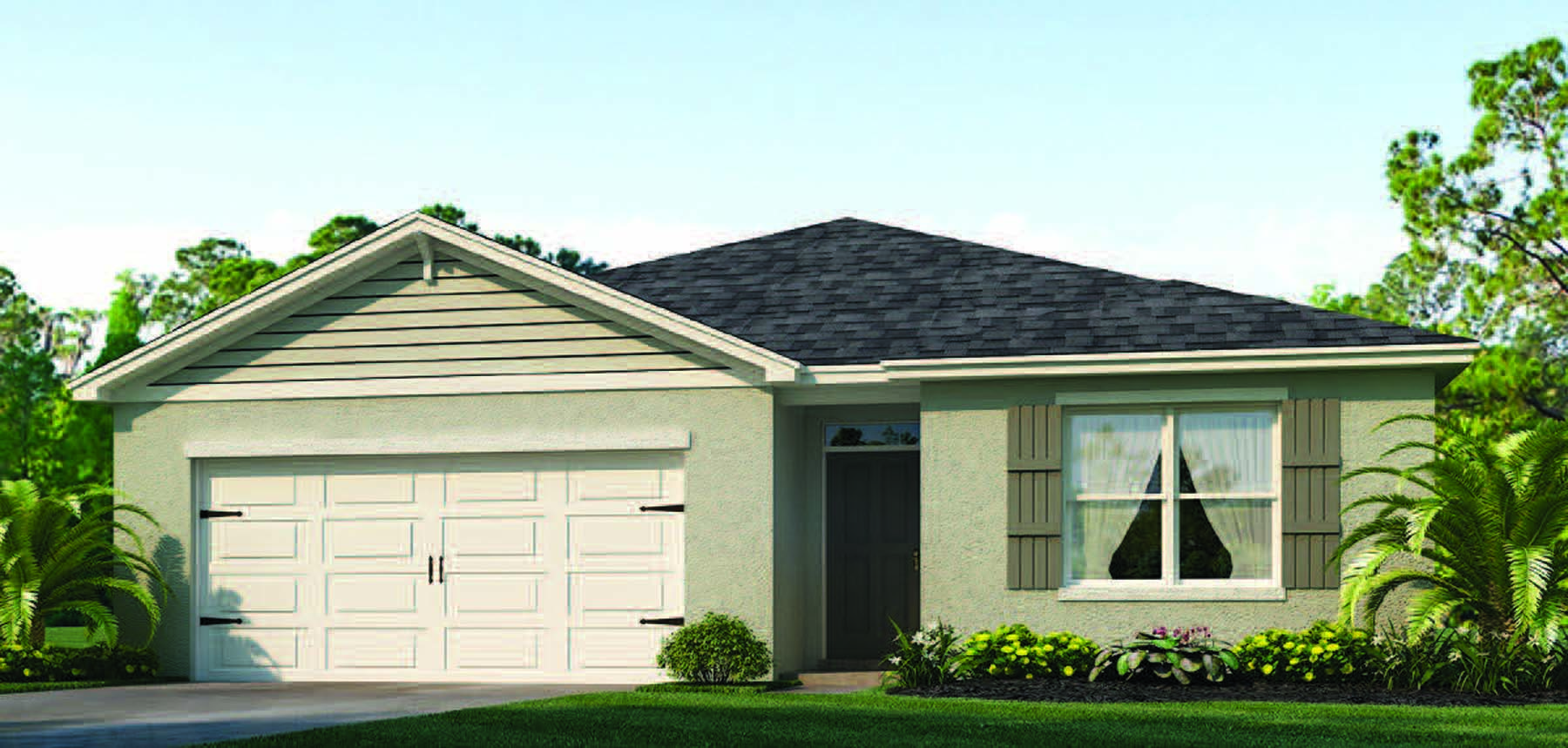 Rendering of One-story home exterior with 2 car garage and shutters
