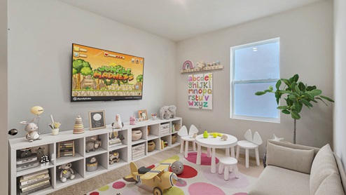Virtually staged kids room with shelves and couch