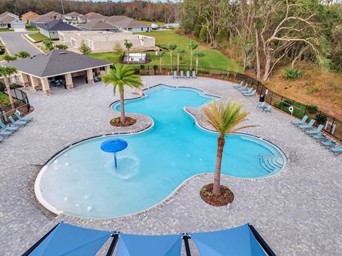 Resort-style pool with beach entry and water feature