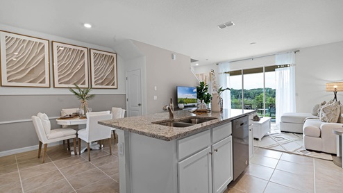Kitchen island with view to living room