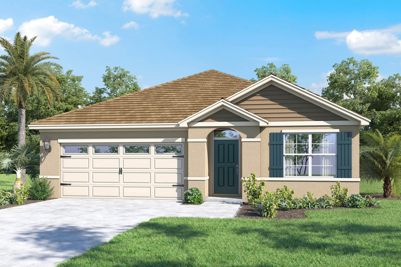 Rendering of One-story home exterior with 2 car garage