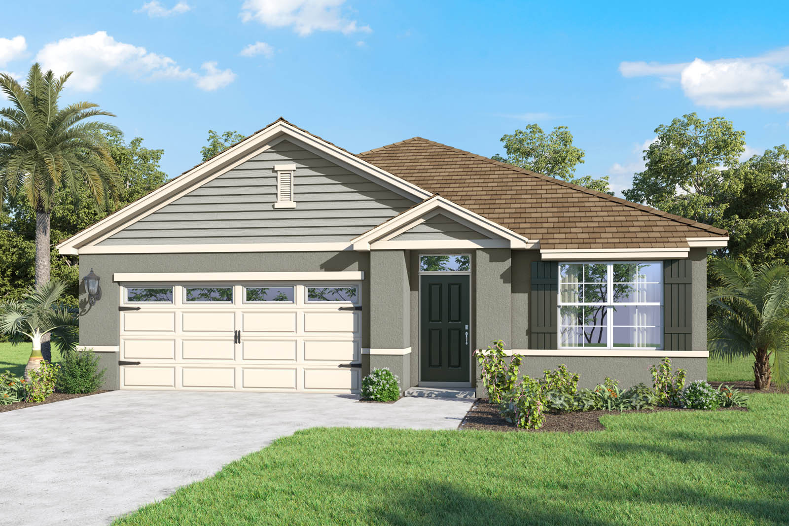 Rendering of One-story home exterior with 2 car garage