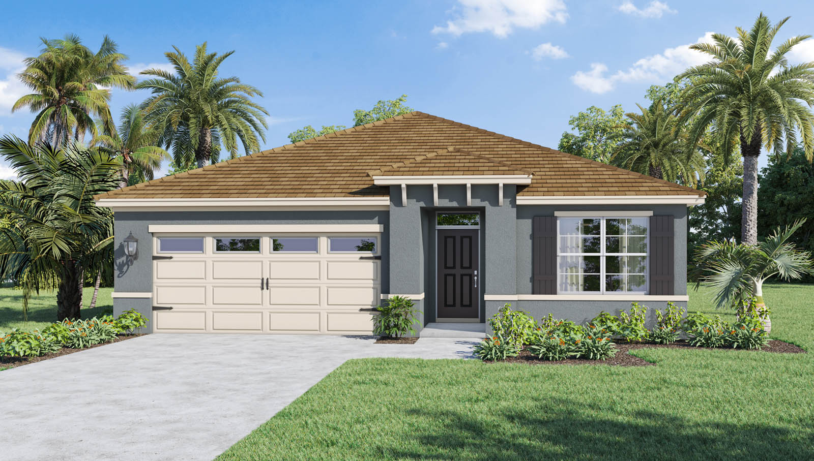 Rendering of One-story home exterior with 2 car garage