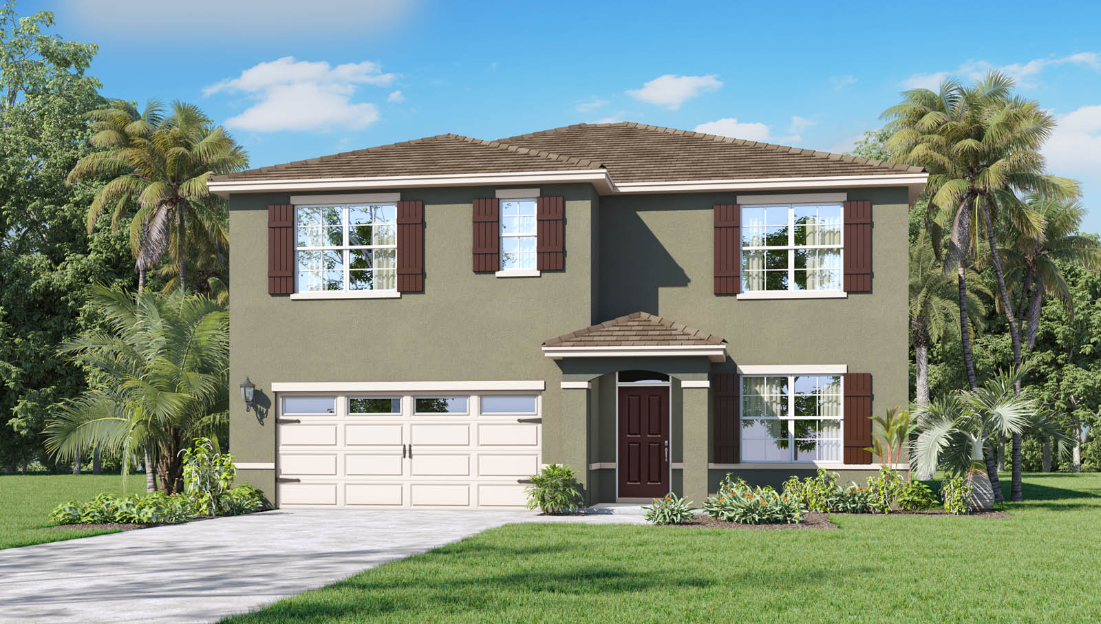 Rendering of One-story home exterior with 2 car garage