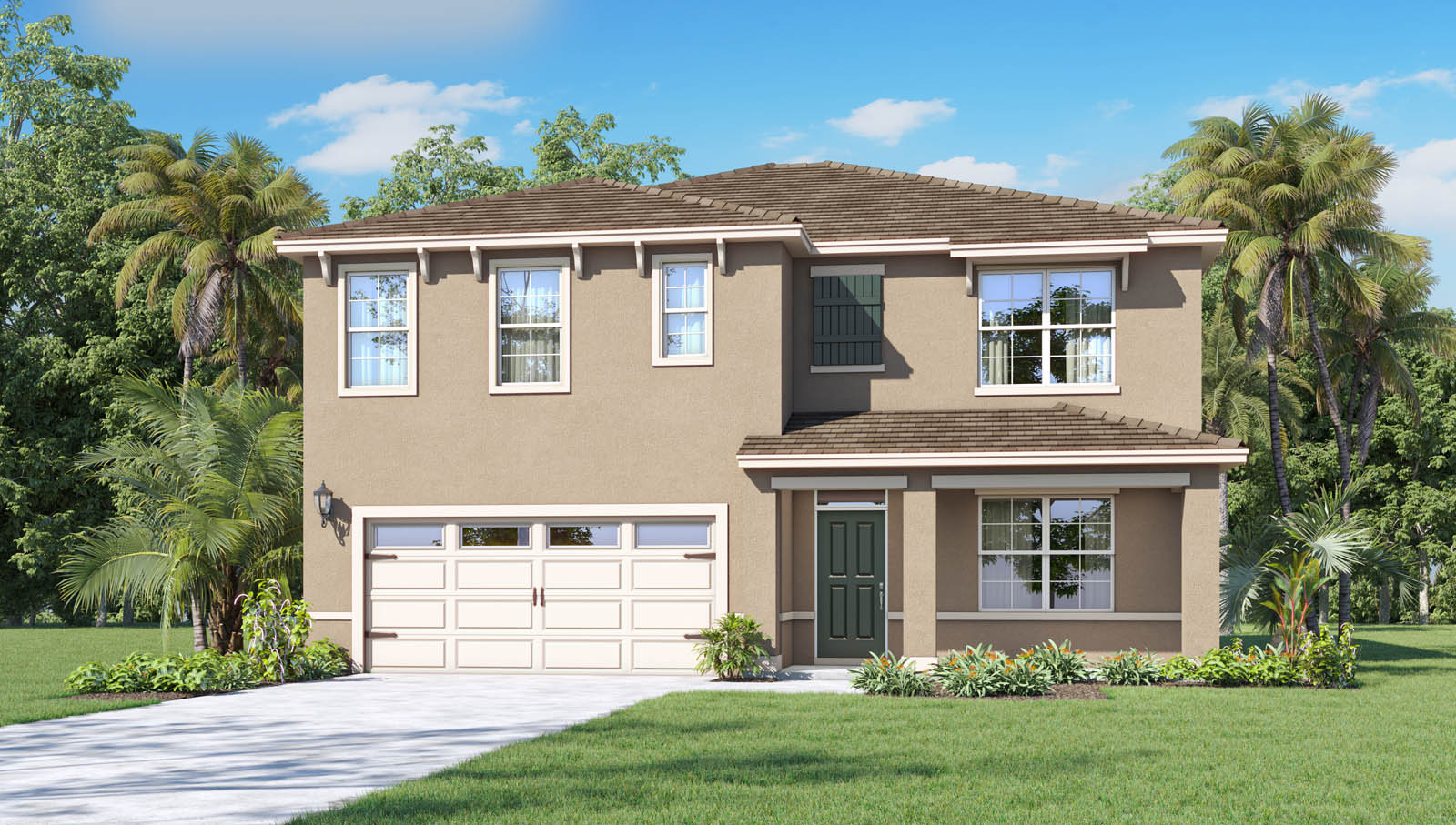 Rendering of One-story home exterior with 2 car garage and a front porch