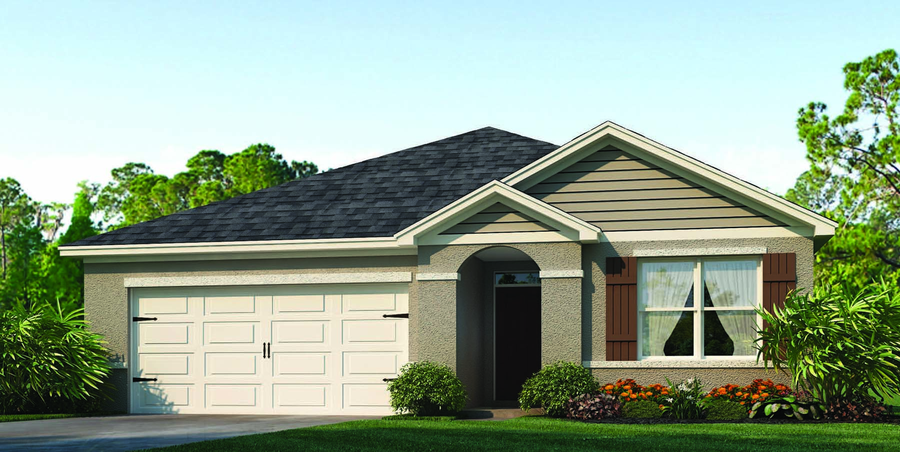 One story home exterior tan color home