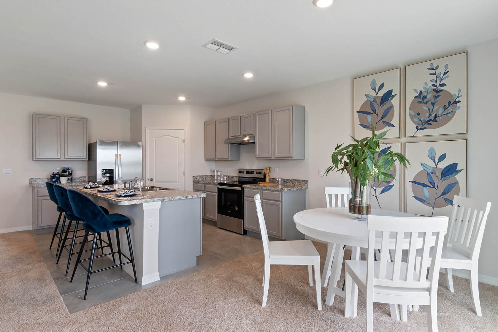 Kitchen and dining nook with ceramic tile