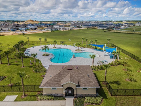 Aerial view of the clubhouse and pool