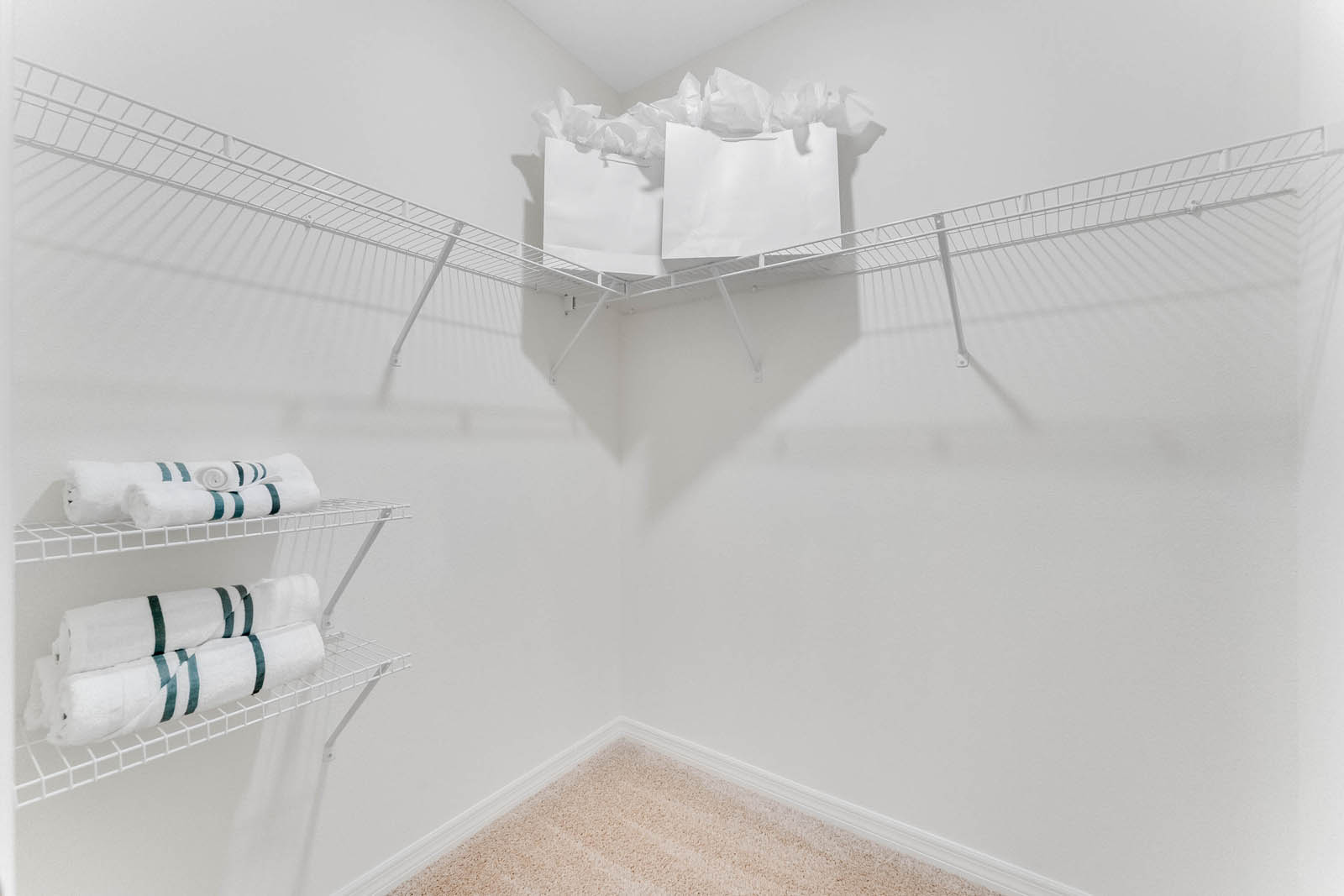 Primary bedroom walk in closet with shelves