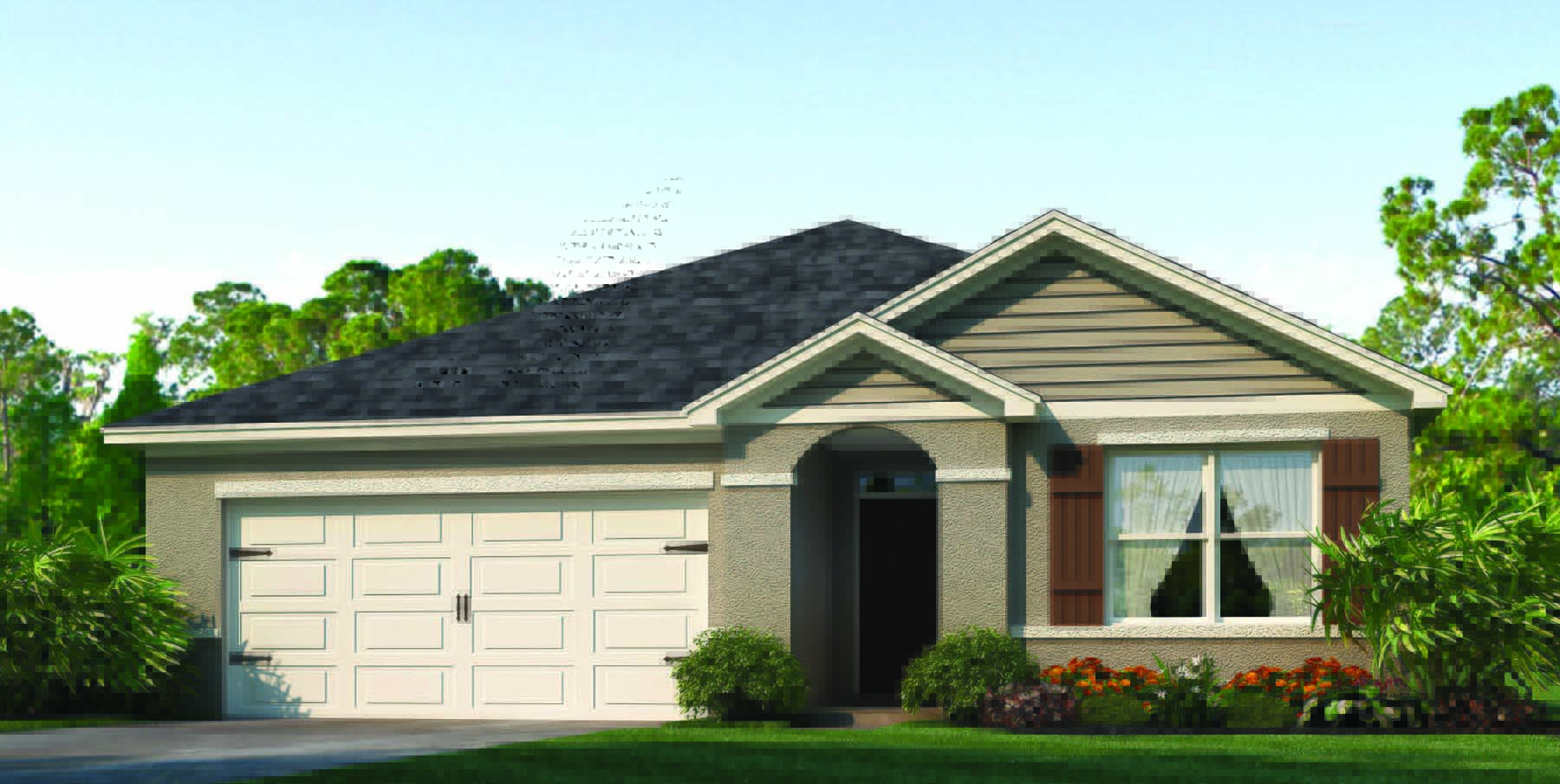 Rendering of One-story home exterior with 2 car garage
