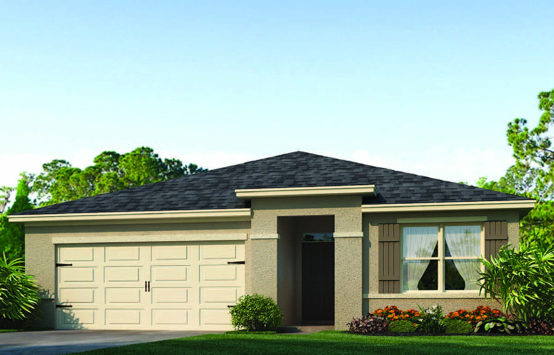 Rendering of One-story home exterior with 2 car garage