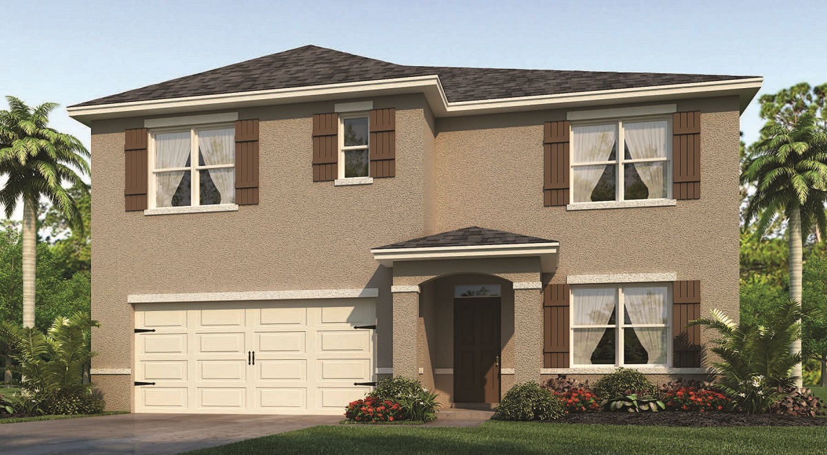 Rendering of two story home with shutters