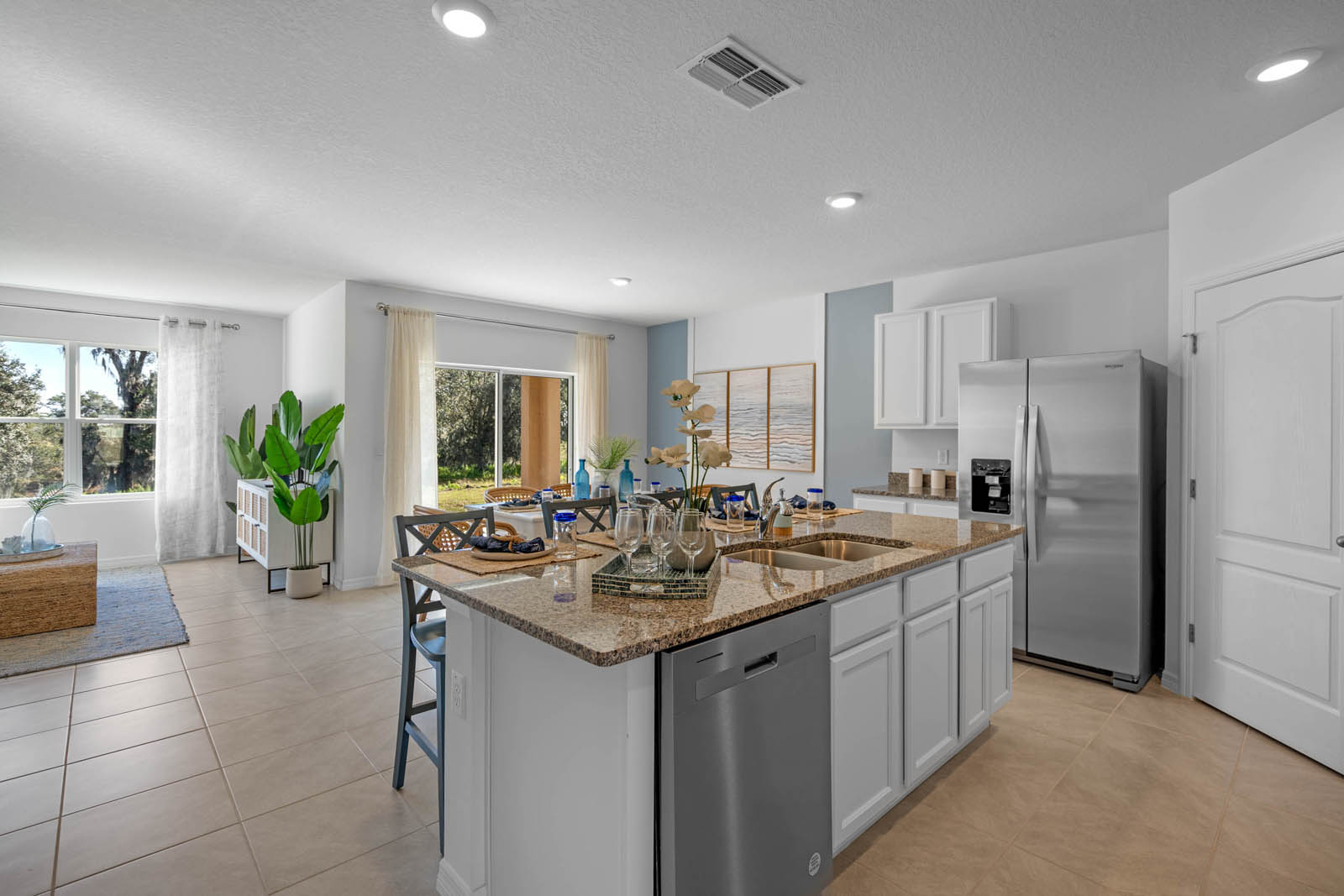Kitchen island with view of the living room