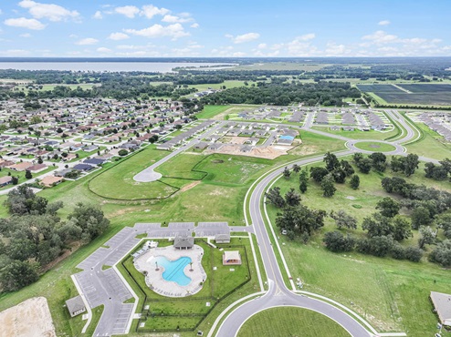 Aerial view of the pool, park and dog park amenity