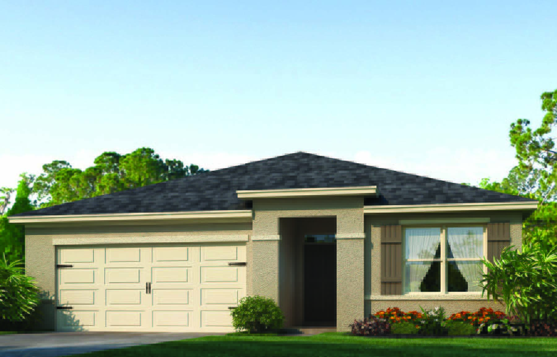 rendering of one-story home with two car garage