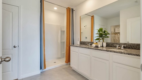 Primary bathroom with double sink and walk in shower