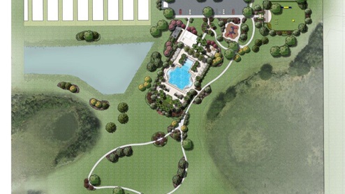 Rendering of the pool, dog park and walking trail