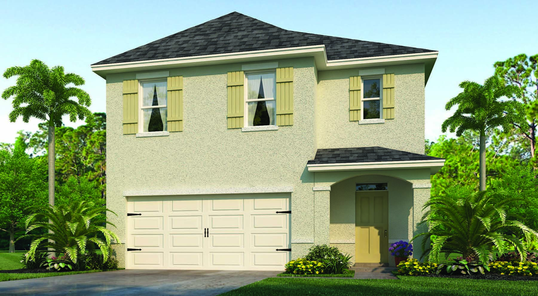 Two-story home with shutters and two-car garage
