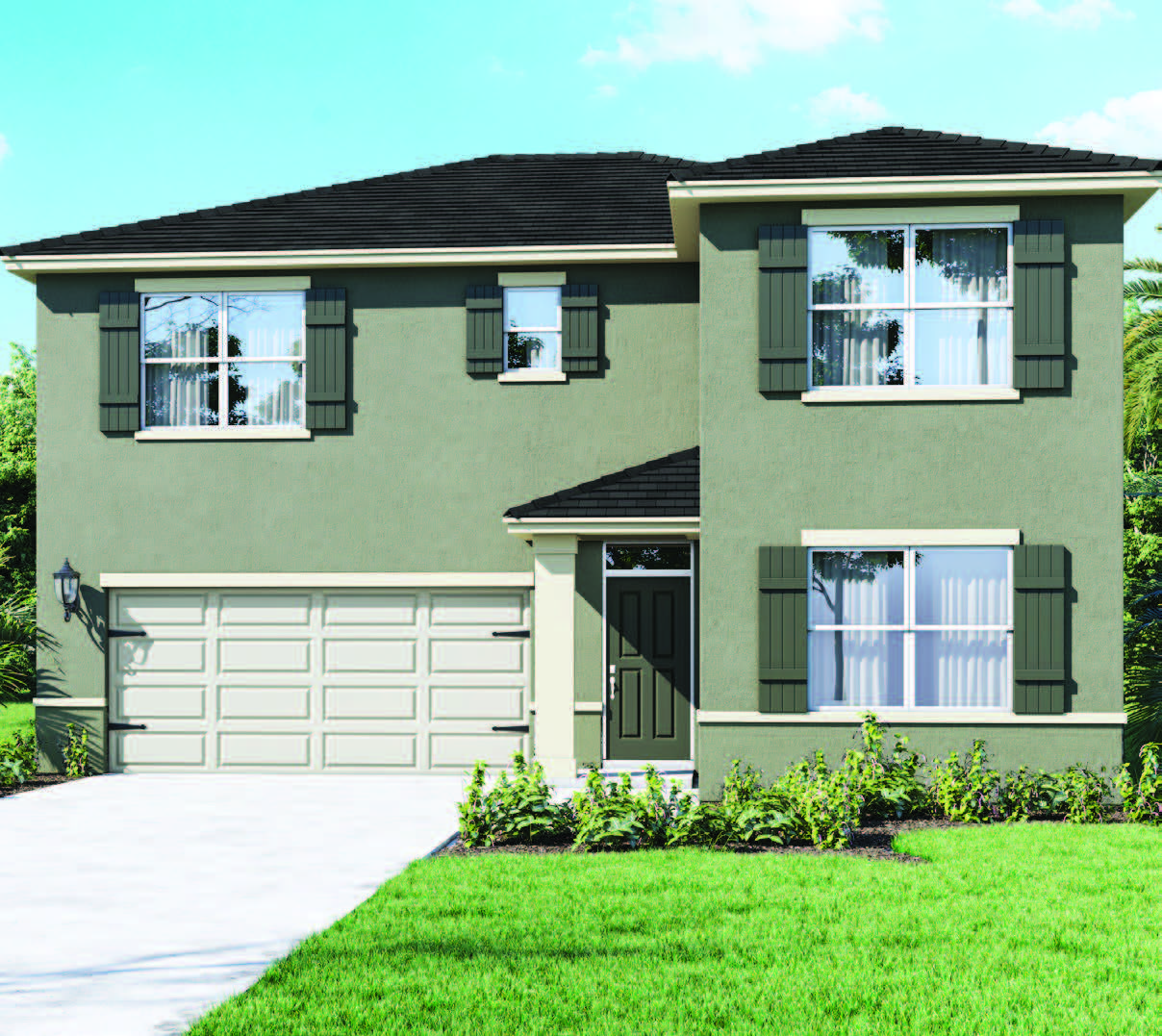 Rendering of two story home with 2 car garage