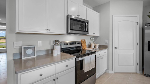 Kitchen counter with stove and microwave walk in pantry to the right