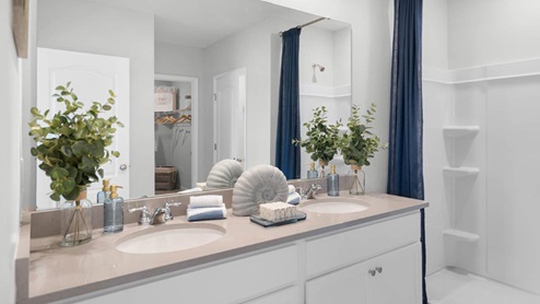 Primary bathroom with double sink and walk in shower