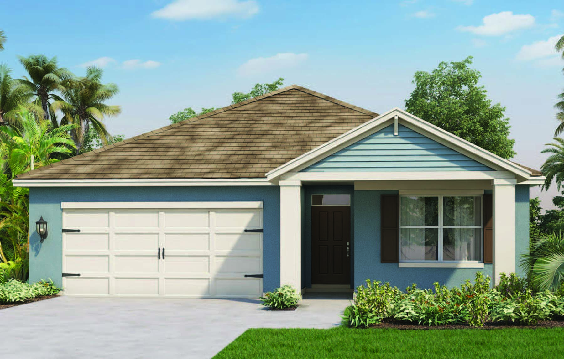Rendering of the Aria M. One story home with a front porch and blue siding.