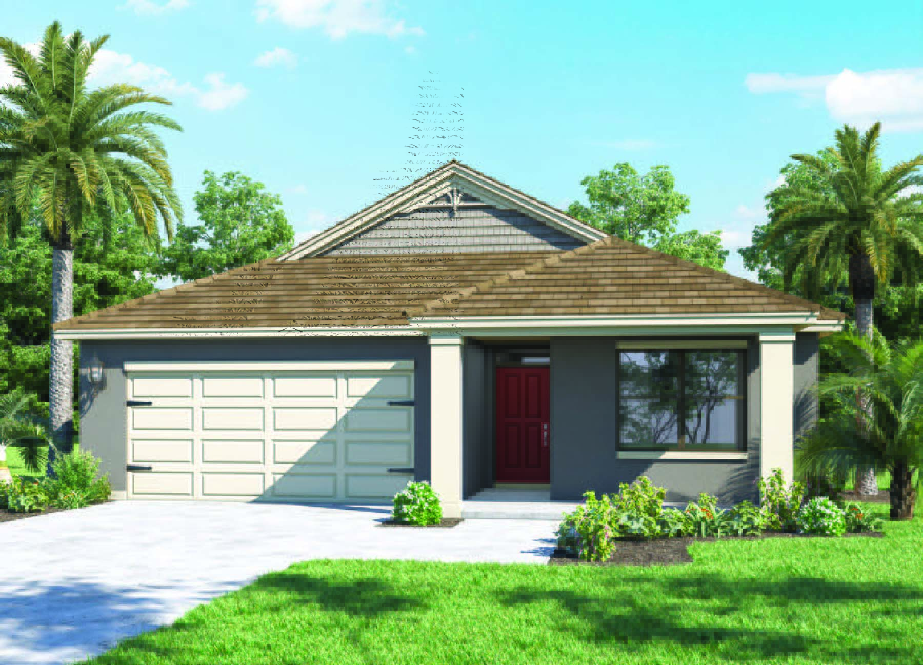 Rendering of the Aria O. One story home with a front porch and a red door.