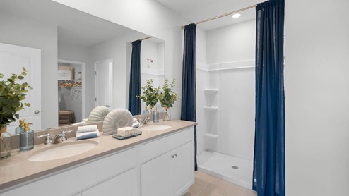 Primary bathroom with double sink and walk in shower