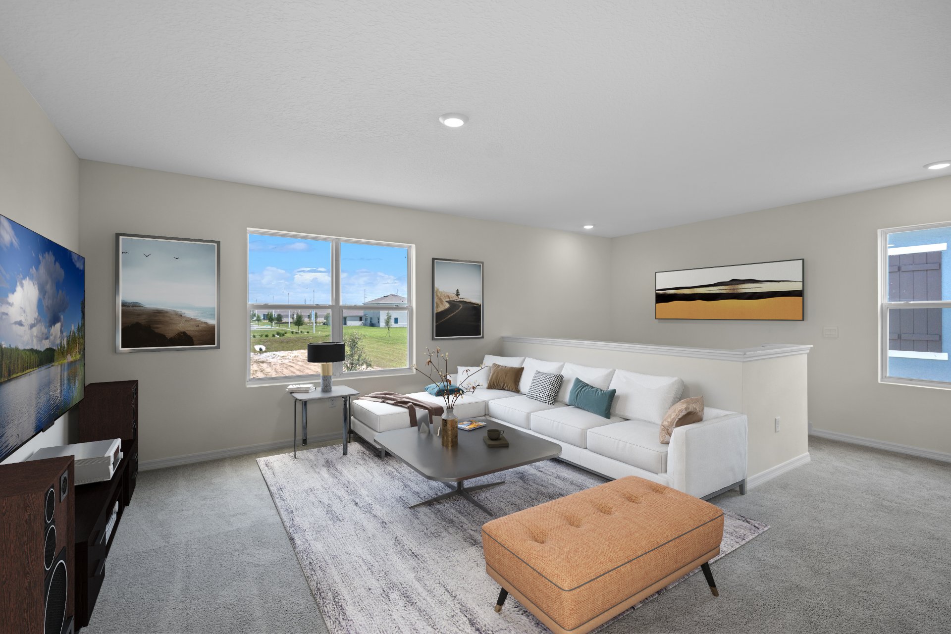 Virtually Staged Kitchen with gray cabinets and large island