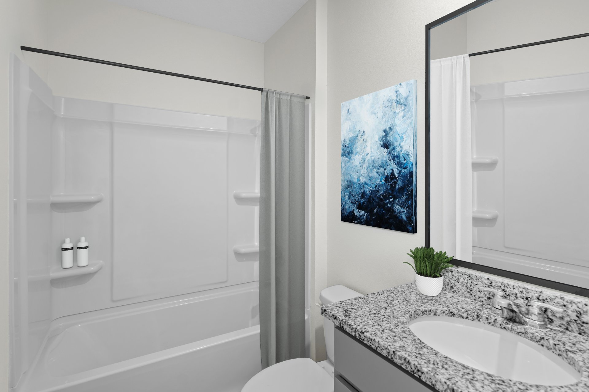 Virtually staged open concept living room with view to kitchen and dining room