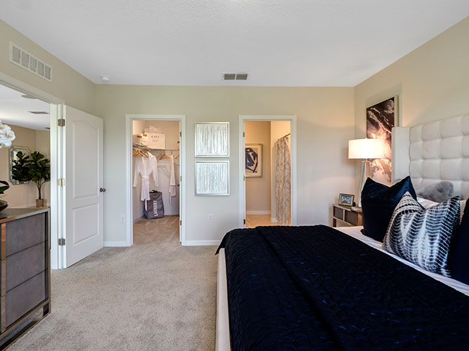 Primary bedroom with walk in closet and attached bathroom