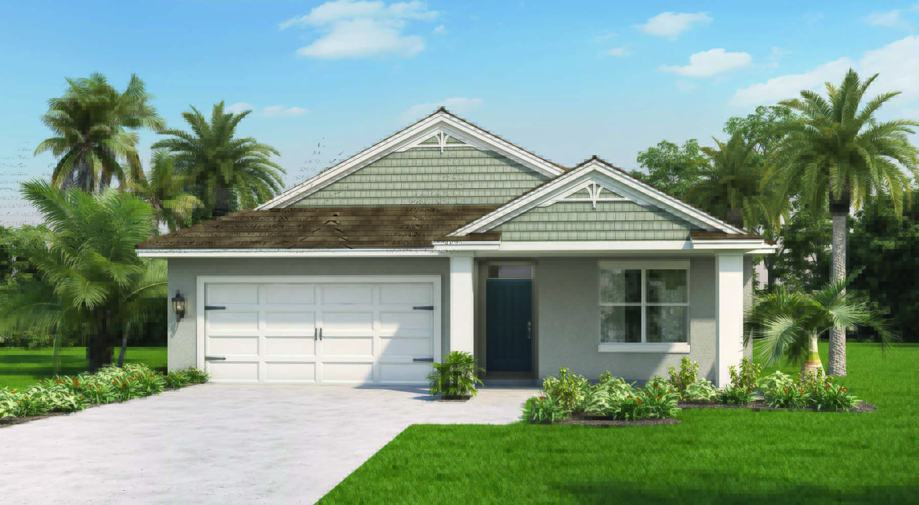 Rendering Exterior of a one story home. Front porch.