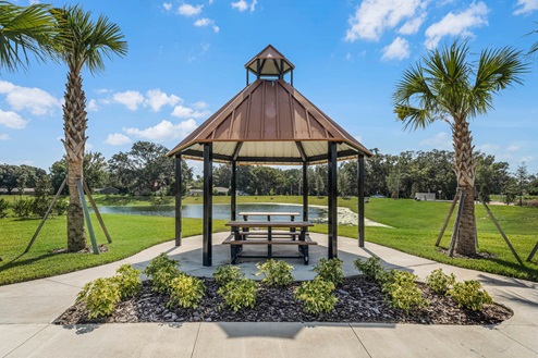 Picinic table under the pavilion near the lake