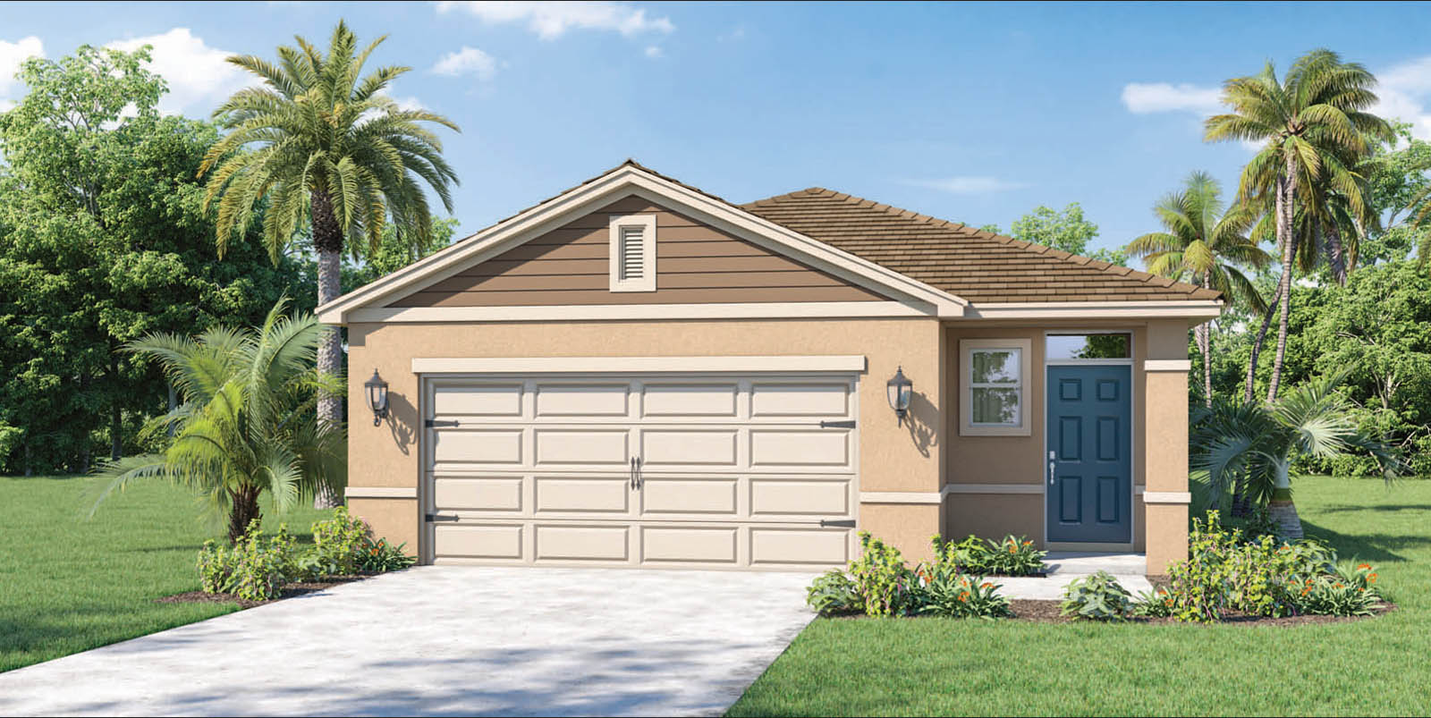 single-story home with two-car garage and covered front porch
